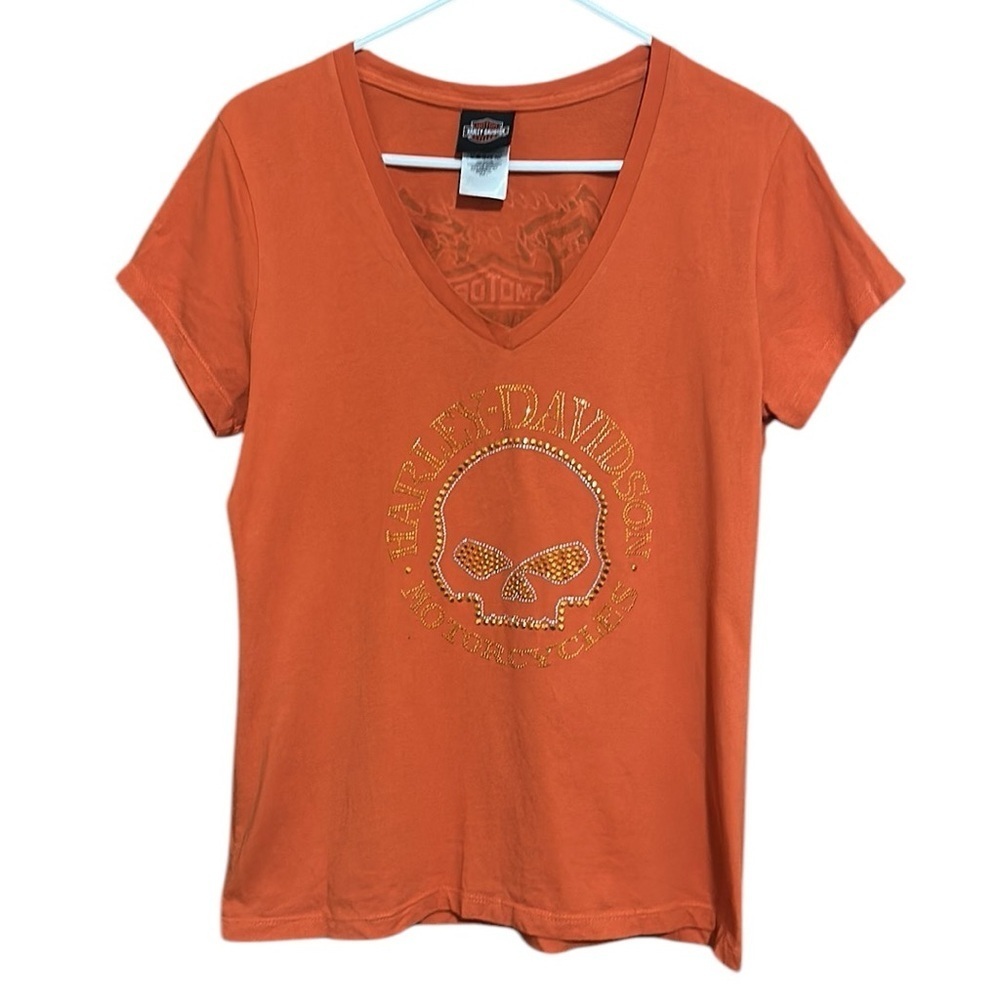 Harley Davidson Grand Rapids MI Bejeweled Skull Orange Top Short Sleeves Large